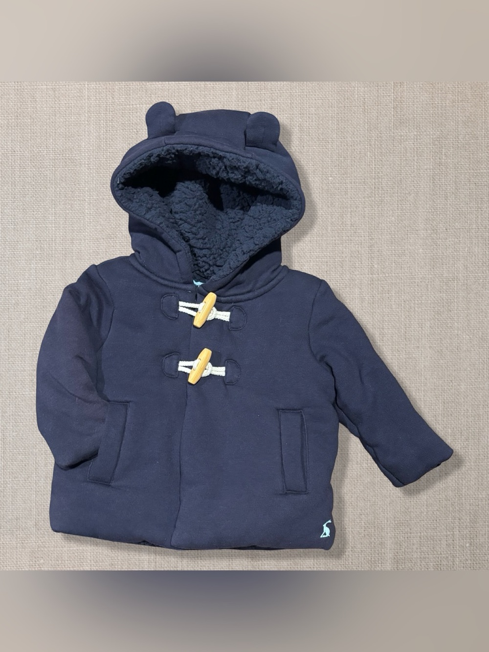 Joules Baby Boys Navy Duffle Coat 3-6M Sherpa Fleece Lined Bear Hood